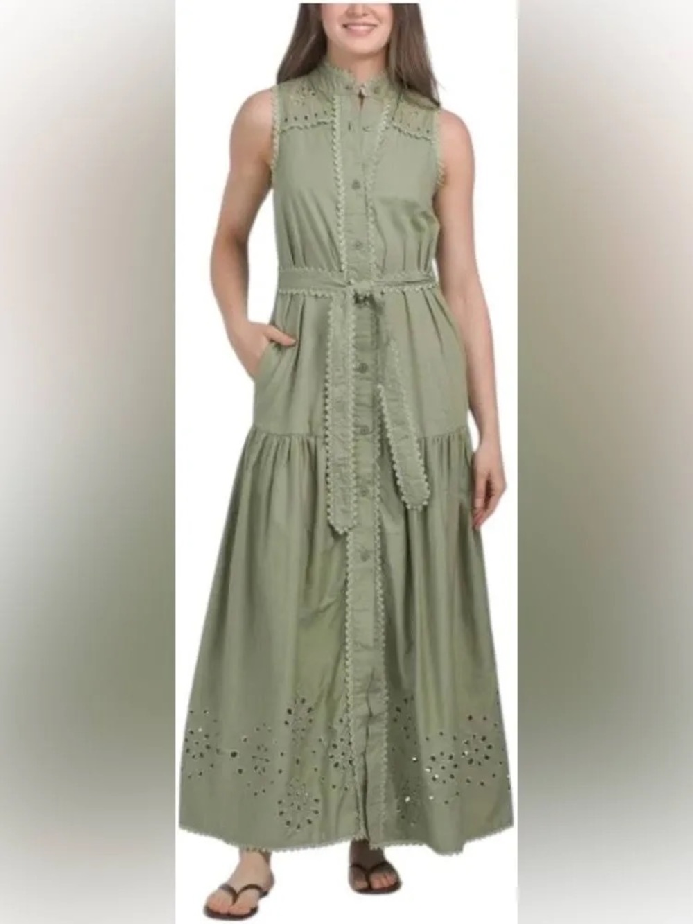 Avec Les Filles Sleeveless Olive Eyelet Maxi Dress with Tie Waist